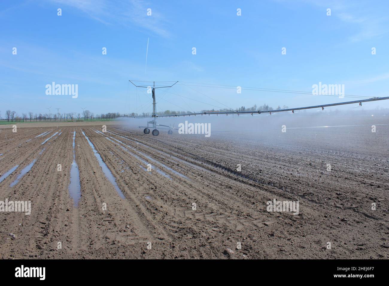 Bewässerungssystem in Funktion Bewässerung von landwirtschaftlichen Pflanzen. Trockenheitsprävention. Sprinkleranlage. Stockfoto