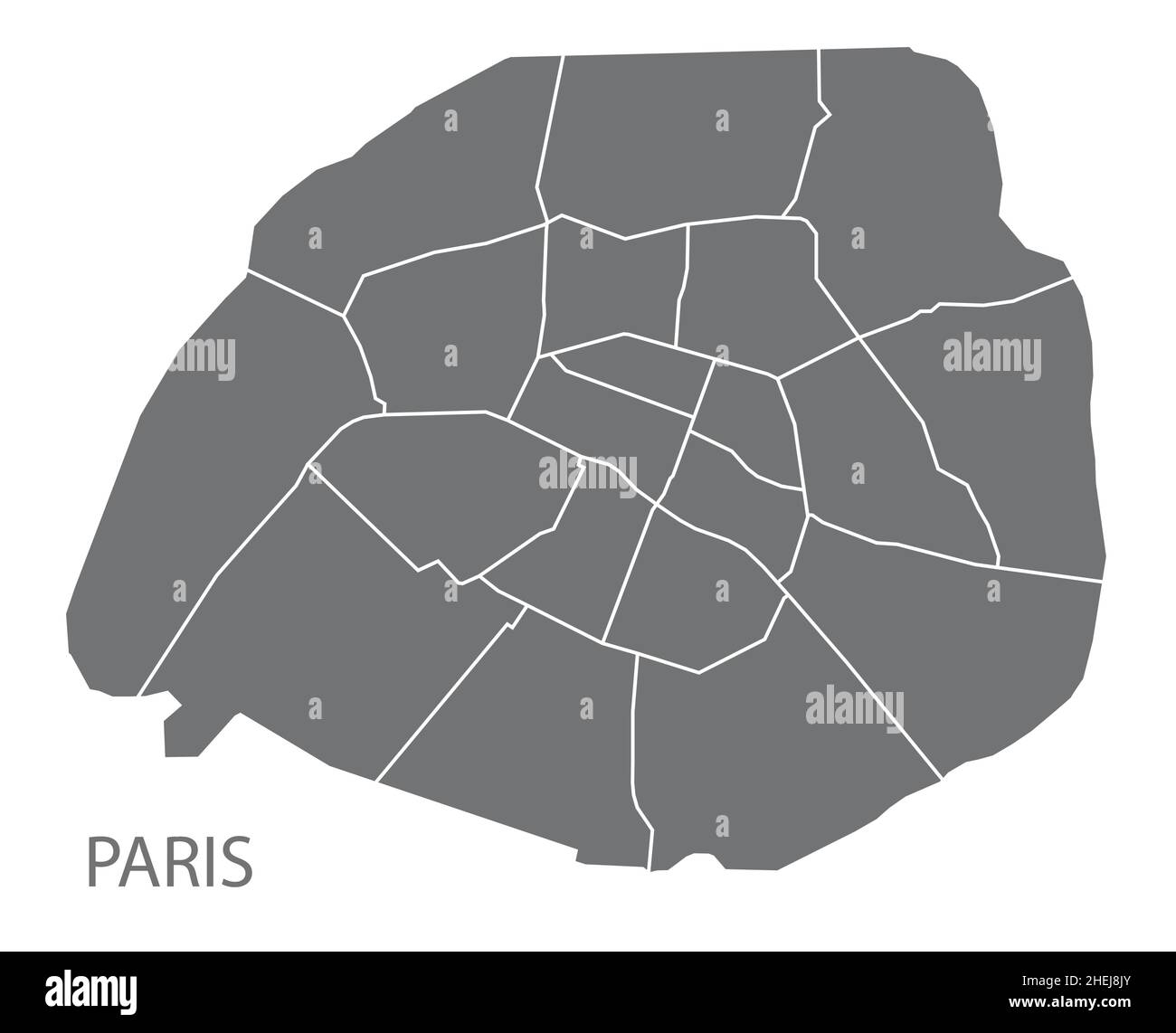 Paris Stadtplan mit Bezirken grau Illustration Silhouette Form Stock Vektor