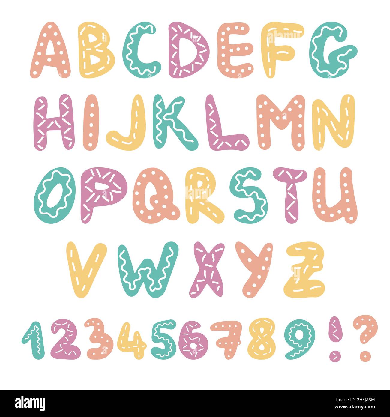 Kinder Stil niedlich verspielt lustig einfache Farbe Schriftart, kindisch Alphabet, Buchstaben und Zahlen stilisiert mit Punkten, Streifen und Wellen Vektor-Illustration Stock Vektor