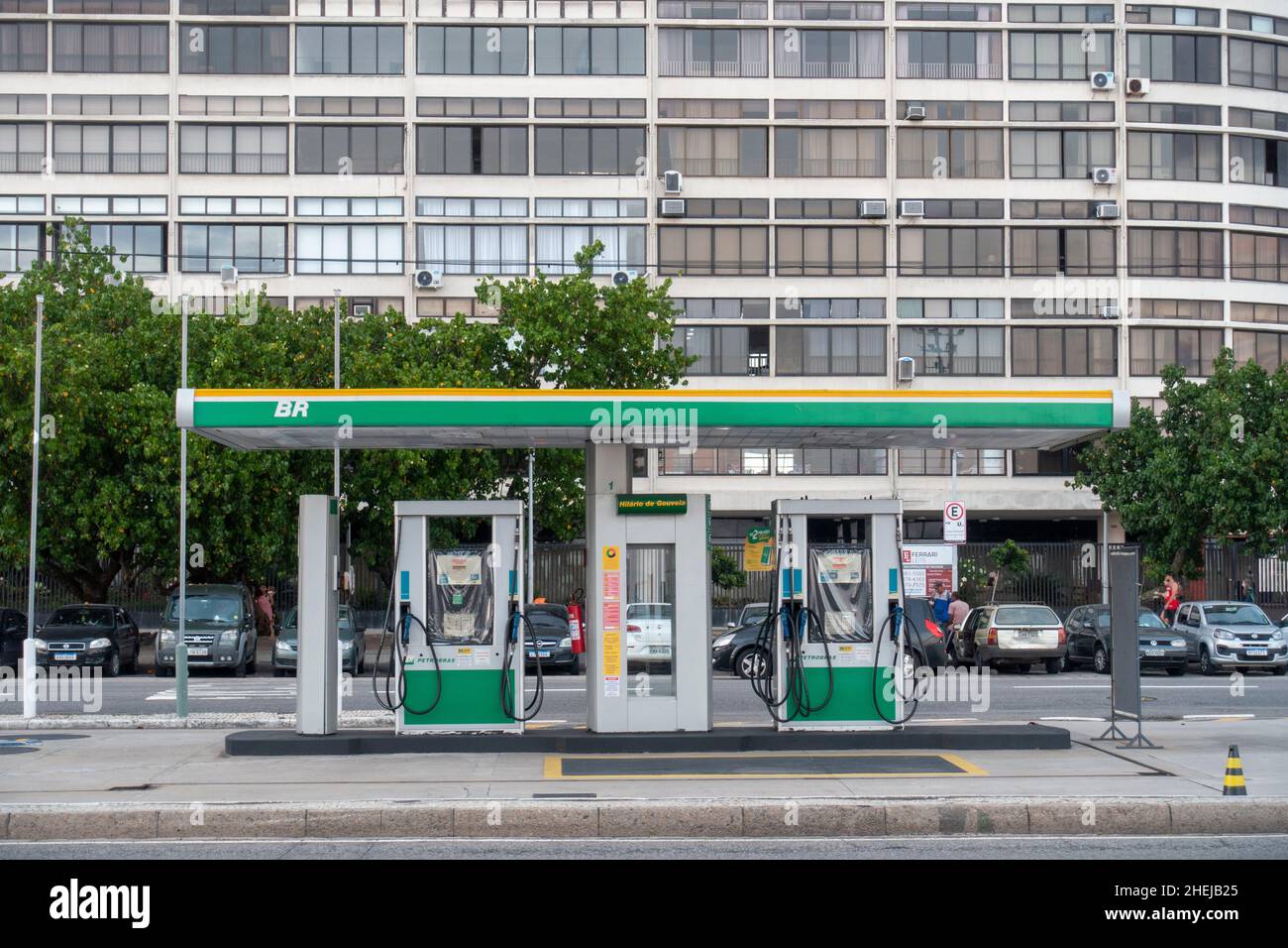 BR (Petrobras) Tankstelle, Avenida Atlantica, Coabababa Beach, Rio de Janeiro, Brasilien Stockfoto