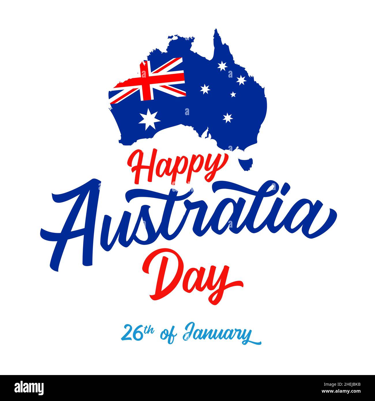 Schriftzug „Happy Australia Day“. Australische Karte mit Flagge und Text. Vektorgrafik. Isolierte abstrakte Grafik-Design-Vorlage Stock Vektor