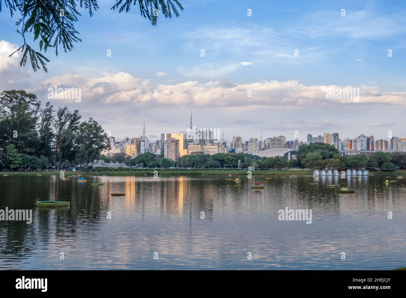 Brasilien, Sao Paulo, die Skyline der Stadt vom Ibirapuera-Park in der Innenstadt von Sao Paulo aus gesehen, inspiriert von Burle Marx und entworfen von Otávio Mendes Stockfoto