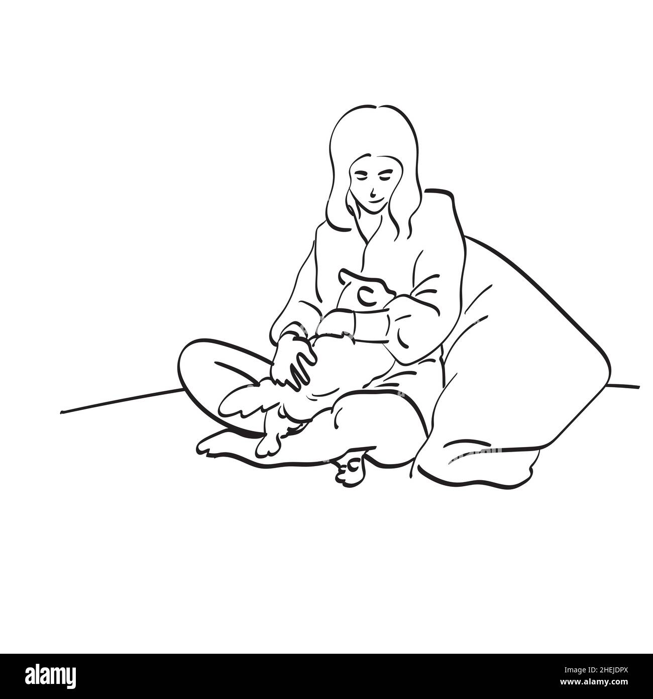 Junge attraktive Frau umarmt ihren flauschigen Hund Illustration Vektor Hand gezeichnet isoliert auf weißem Hintergrund Linie Kunst. Stock Vektor