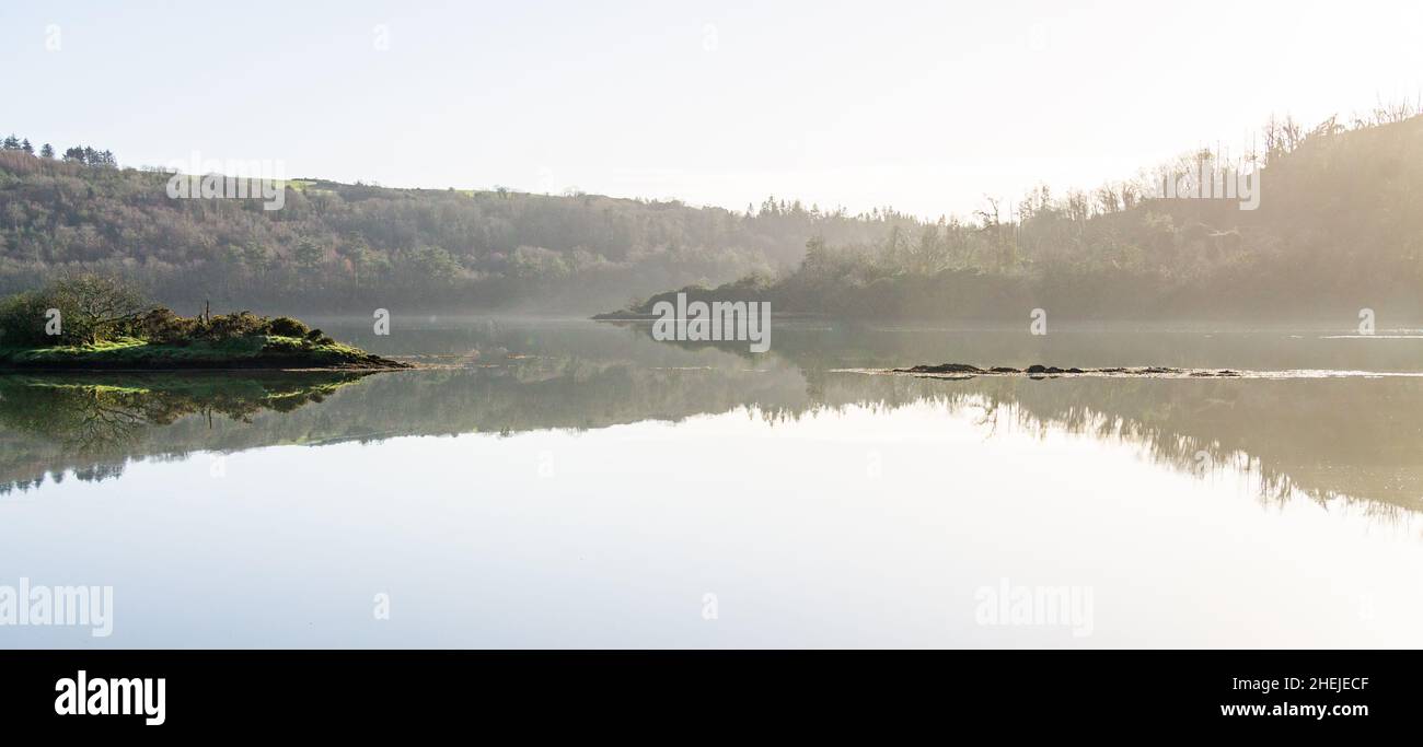 Castlehaven, West Cork Irland Ebbe an einem flachen, ruhigen Tag, der Wälder im Wasser reflektiert. Stockfoto