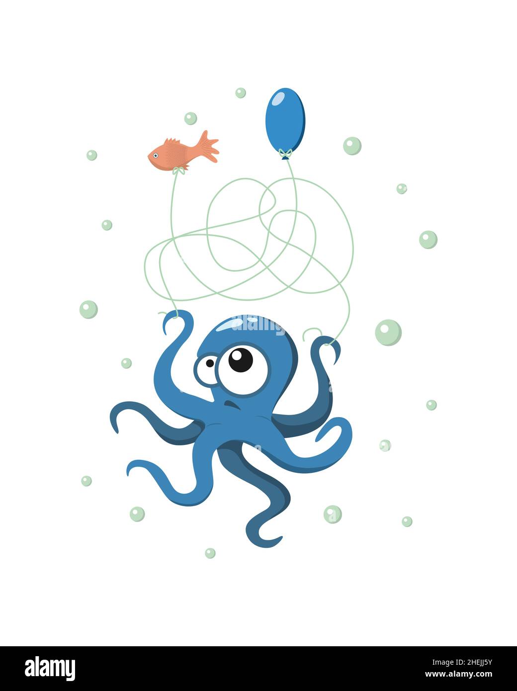 Octopus Illustration Comic für Kinder, Puzzle, Labyrinth, Fisch und Ballon. Vektorgrafik Stock Vektor