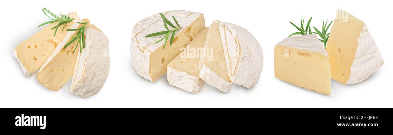 Camembert Käse isoliert auf weißem Hintergrund mit Schnittpfad und voller Schärfentiefe, Set oder Sammlung Stockfoto