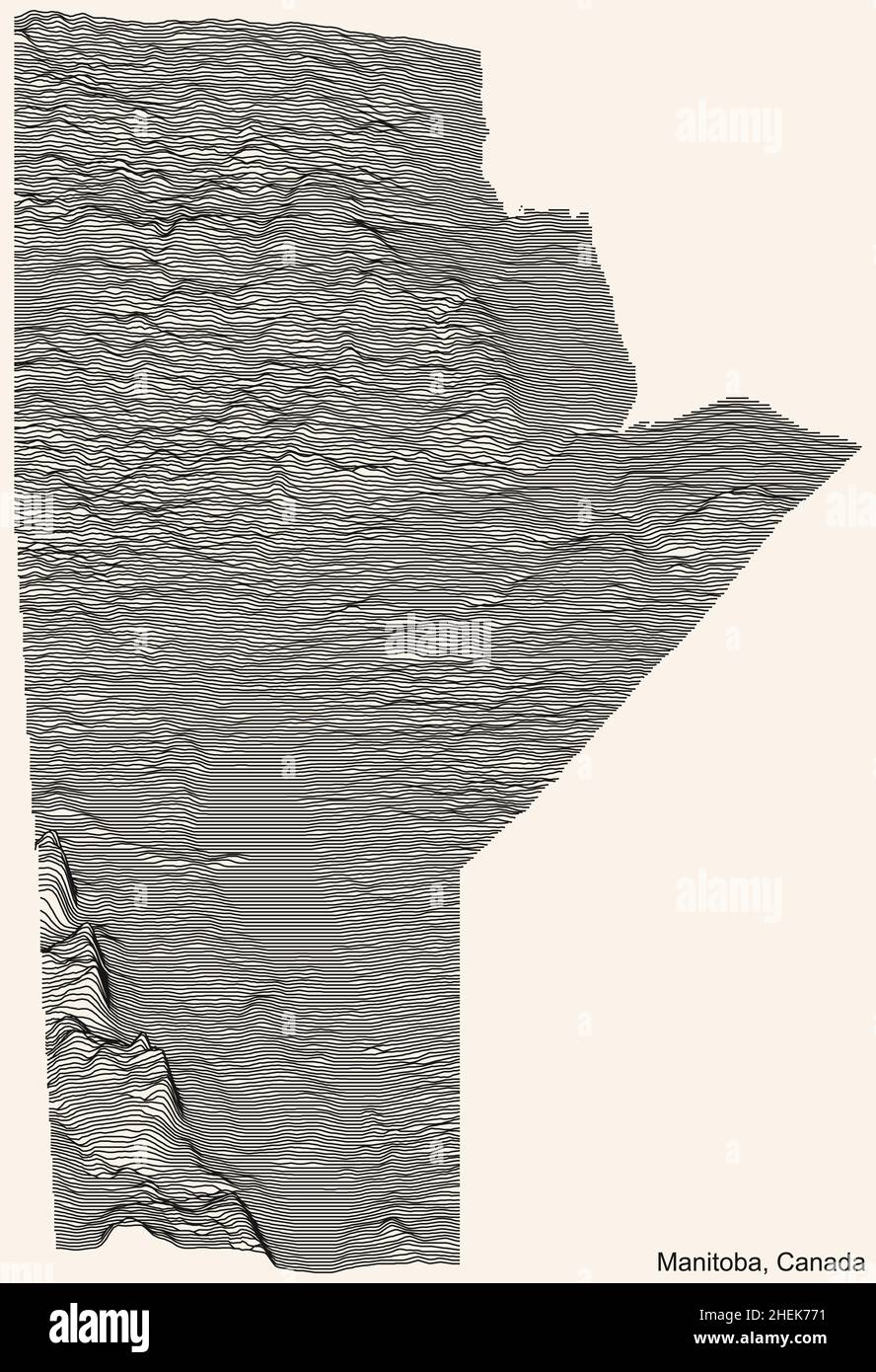 Topographische Reliefkarte der kanadischen Provinz MANITOBA, KANADA mit schwarzen Konturlinien auf beigem Hintergrund Stock Vektor