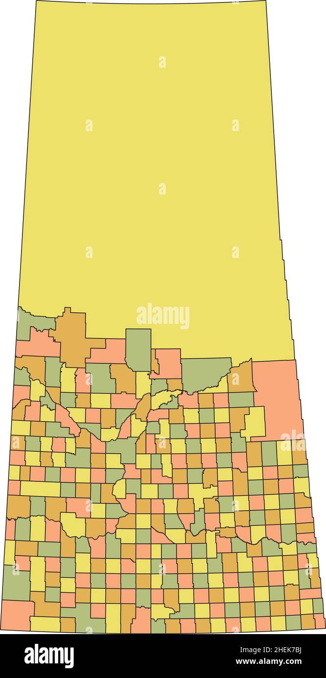 Pastellfarbene flache Vektor-Verwaltungskarte der kanadischen Provinz SASKATCHEWAN, KANADA mit schwarzen Grenzlinien der ländlichen und städtischen Bezirke Stock Vektor