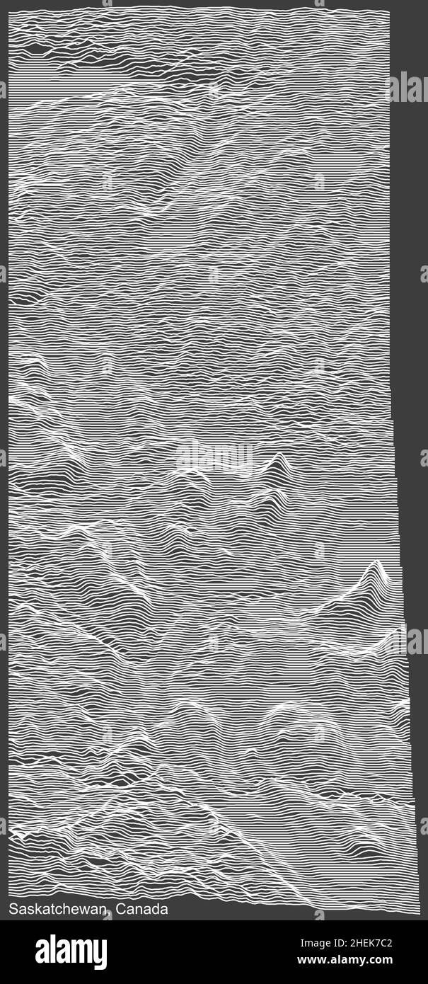 Topographische Negativrelief-Karte der kanadischen Provinz SASKATCHEWAN, KANADA mit weißen Konturlinien auf dunkelgrauem Hintergrund Stock Vektor