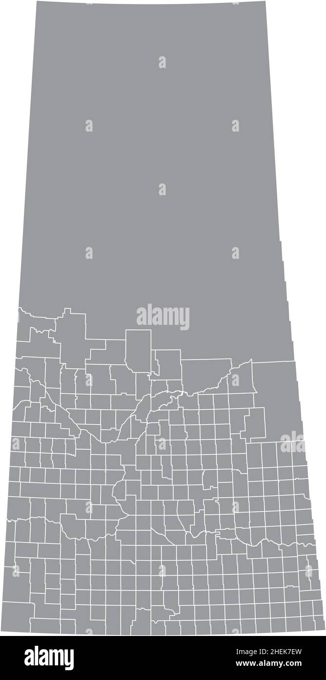 Grau flache leere Vektor-Verwaltungskarte der kanadischen Provinz SASKATCHEWAN, KANADA mit weißen Grenzlinien der ländlichen und städtischen Bezirke Stock Vektor
