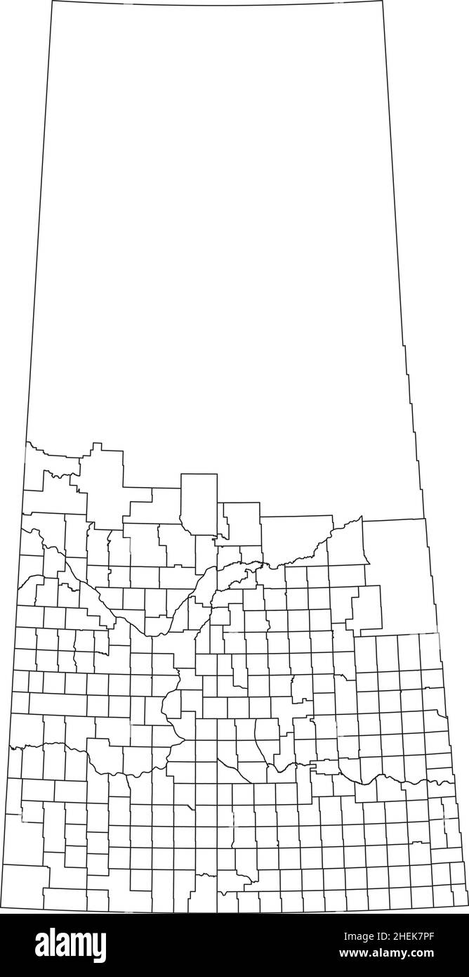 Weiße flache leere Vektor-Verwaltungskarte der kanadischen Provinz SASKATCHEWAN, KANADA mit schwarzen Grenzlinien der ländlichen und städtischen Bezirke Stock Vektor
