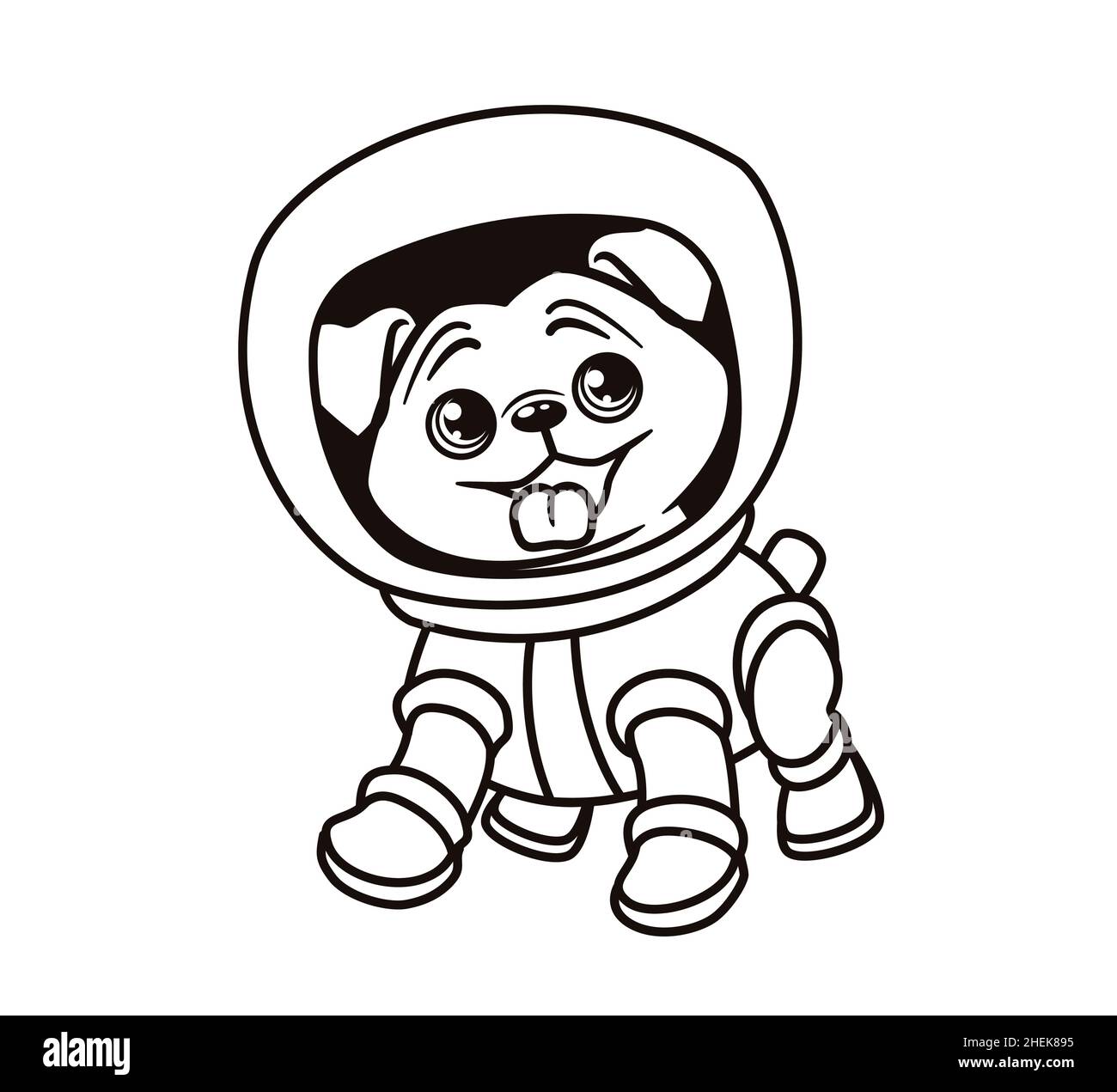 Malbuch: Hund Astronaut, Mops in Raumanzüge, isolierte Vektor-Illustration auf weißem Hintergrund Stock Vektor