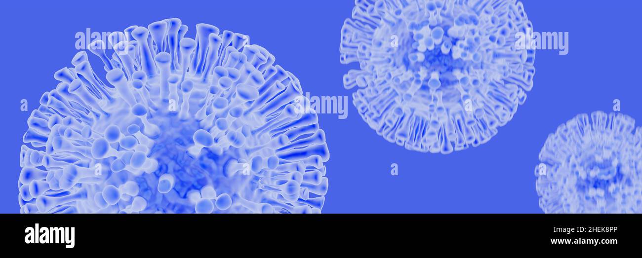 SARS-CoV-2 Coronavirus-Konzept in transparentem Blau. Nahaufnahme des Mikroskop-Virus-Banners. 3D Rendering mit selektivem Fokus. Stockfoto