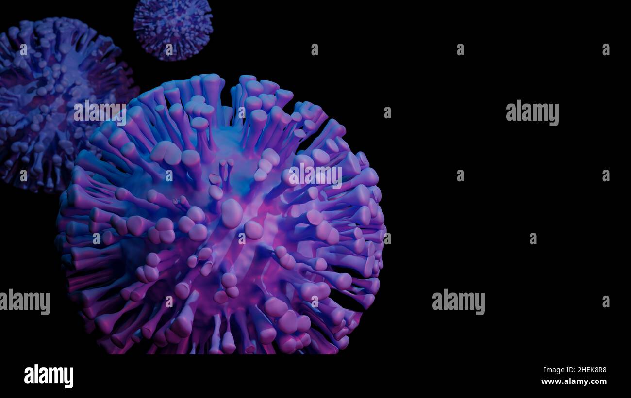 SARS-CoV-2 Coronavirus-Konzept. Mikroskop-Virus aus nächster Nähe. 3D Rendering mit Kopierbereich und selektivem Fokus. Stockfoto