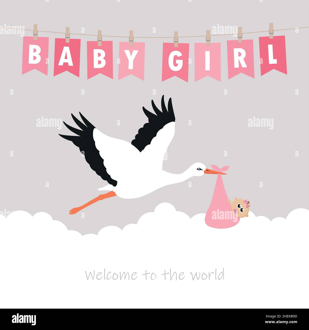 Baby Mädchen willkommen Grußkarte mit Storch und Party-Flagge Stock Vektor