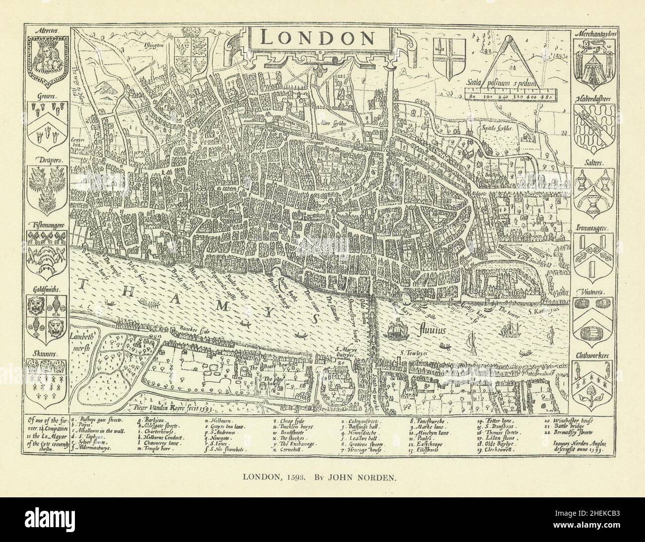 City of London im Jahr 1593 nach John Norden. Southwark 1908 alte antike Kartenkarte Stockfoto