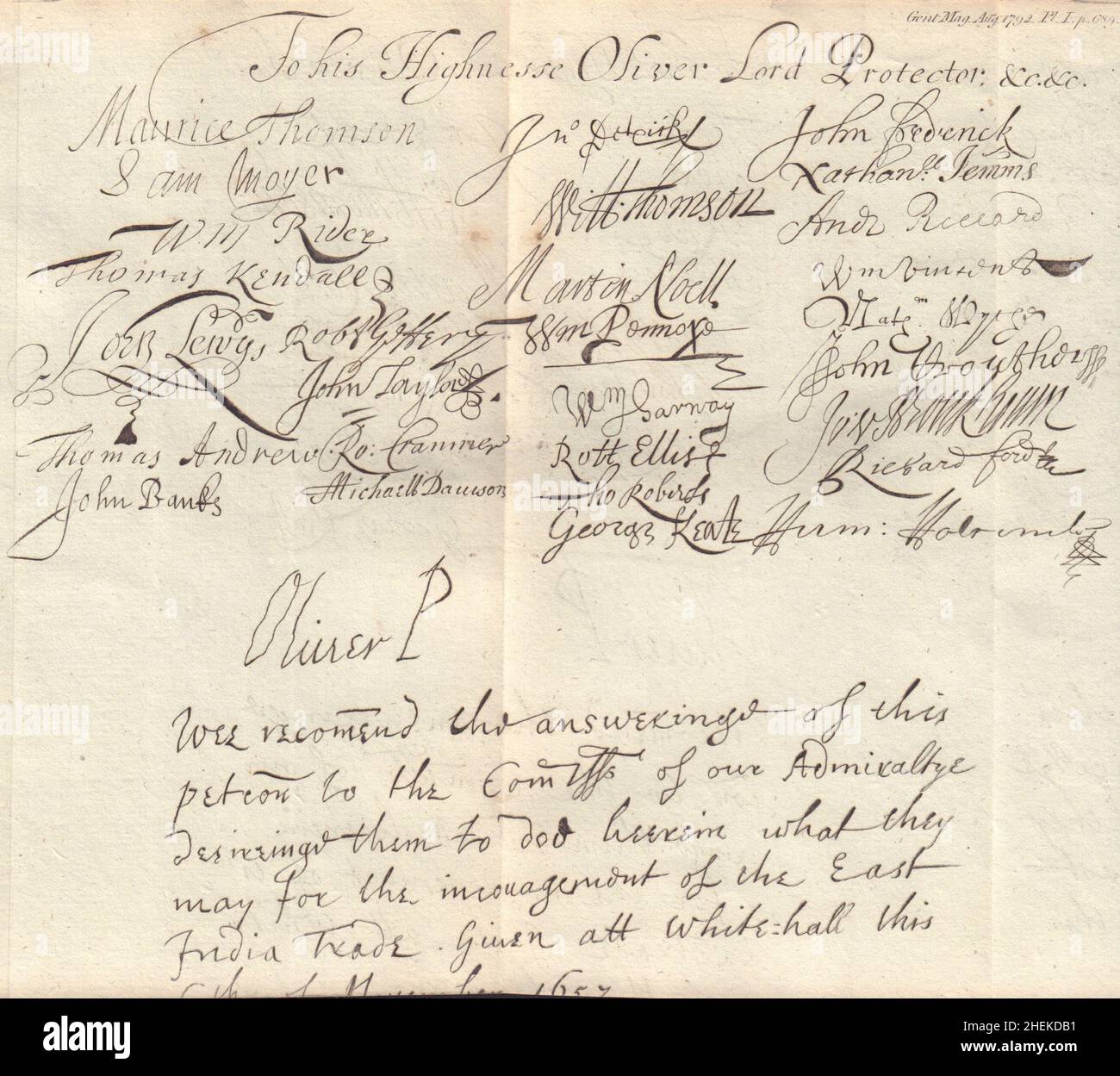 Antwort von Oliver Cromwell East India Merchants Petition Signaturen Faksimile 1792 Stockfoto
