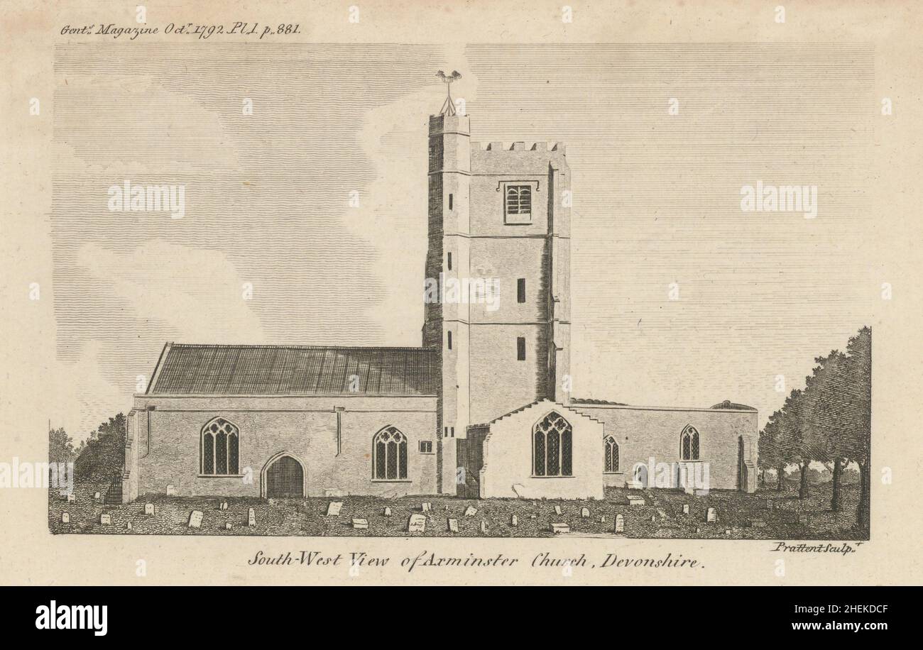Süd-West Ansicht der Axminster Kirche, Devon 1792 alte antike Druckansicht Stockfoto