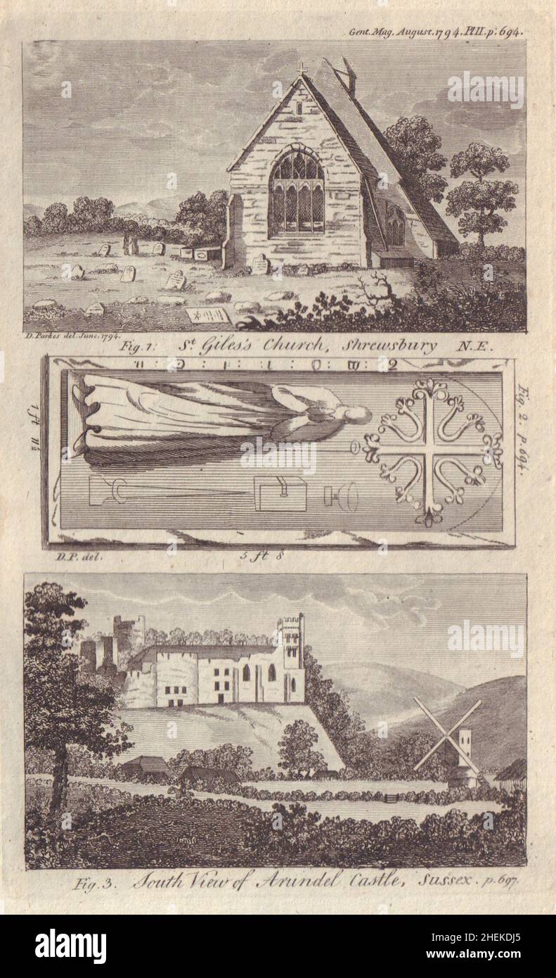 St. Giles Church & Grabstone Shrewsbury, Shropshire. Arundel Castle, Sussex 1794 Stockfoto