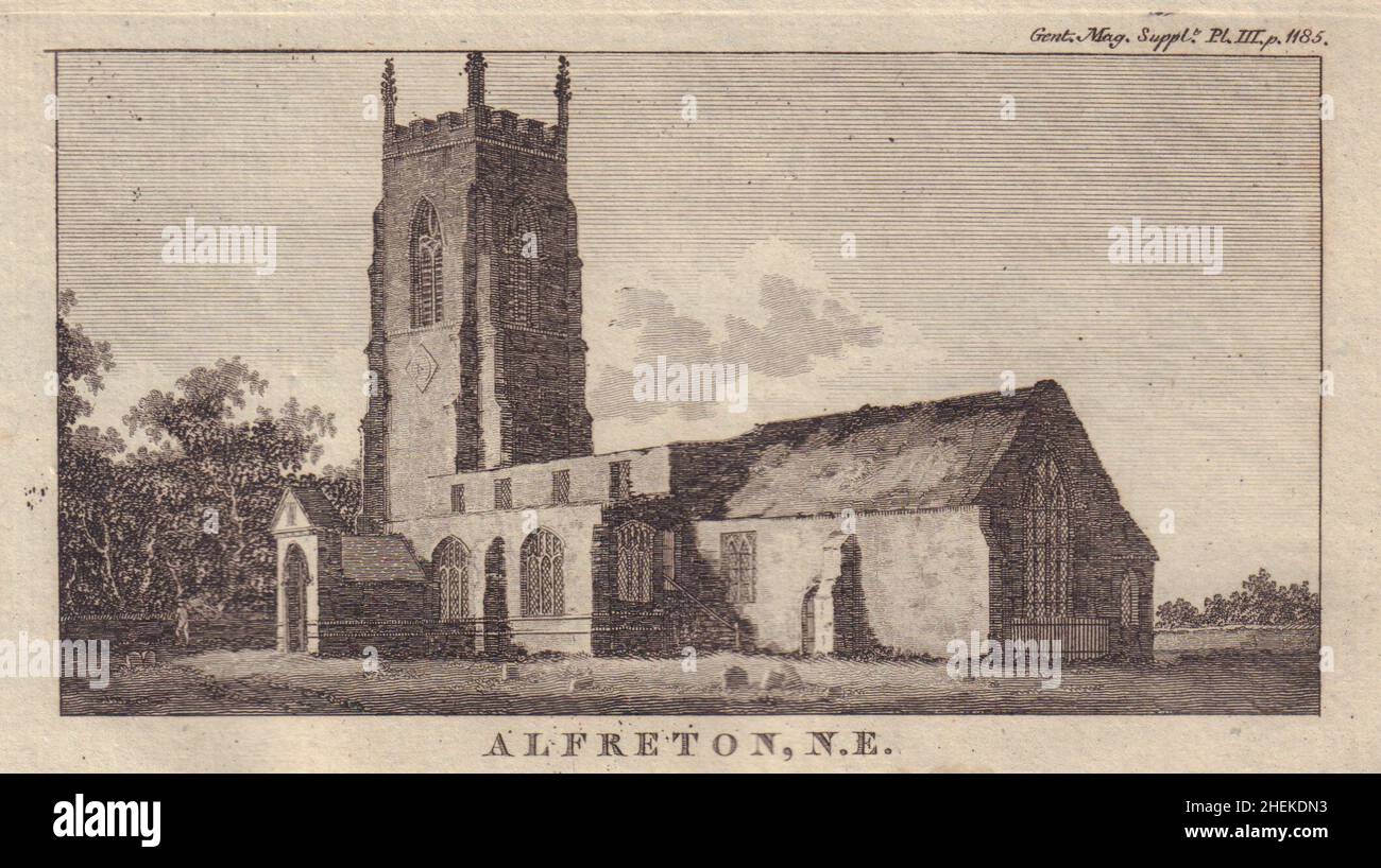 Ansicht der Kirche von St. Martin Alfreton in Derbyshire 1794 alte antike Drucke Stockfoto