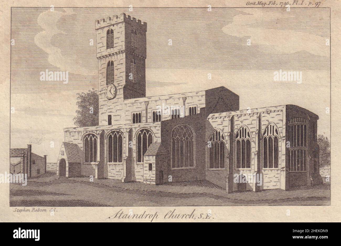 Blick auf die St. Mary's Church, Staindrop, County Durham 1795 alte antike Drucke Stockfoto