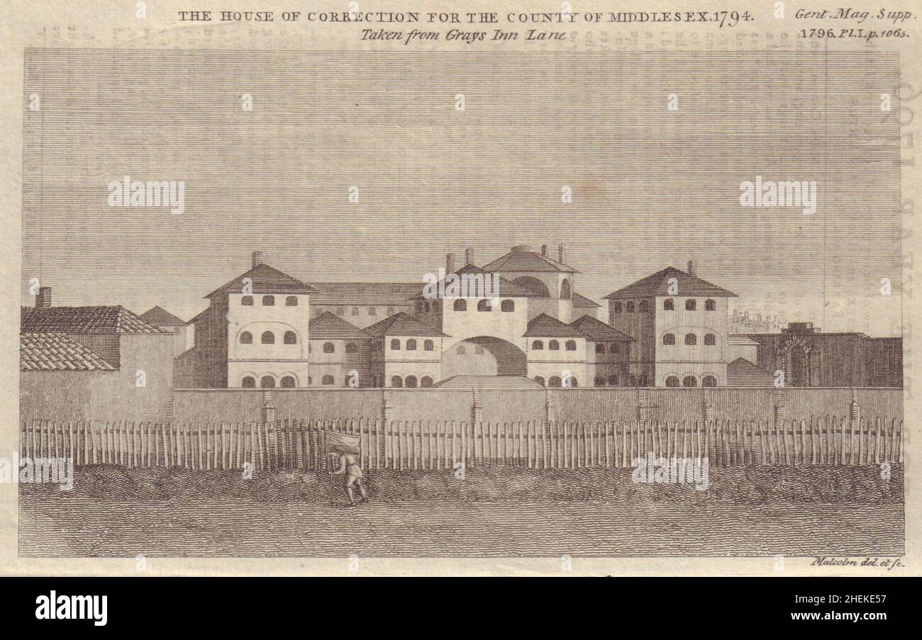House of Correction Coldbath Fields Prison London. Druck von Clerkenwell Gaol 1796 Stockfoto
