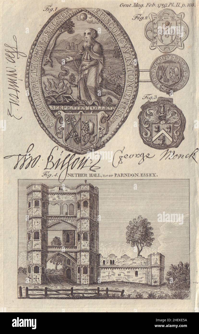 Nether Hall, Roydon Essex. Thomas Bilson Winchester Bishop Siegel Autograph 1797 Stockfoto
