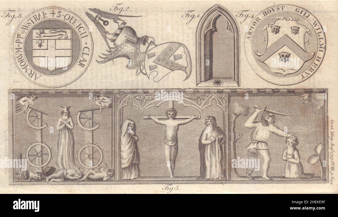 St. Catherine Geschichte Skulptur Lincoln. Ironmongers Company Arms 1797 Druck Stockfoto