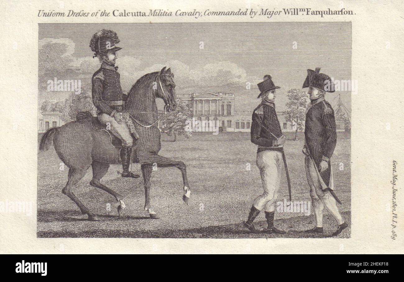 Calcutta Miliz Kavallerie Uniformen, kommandiert von Major Farquharson. Indien 1802 Stockfoto