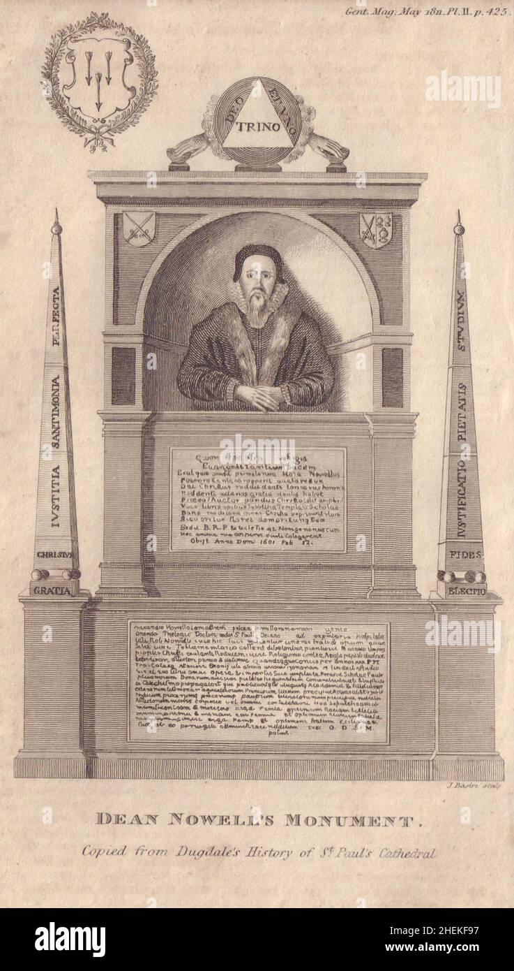 Alexander Nowell Monument, Dekan der St. Paul's Cathedral, London 1811 alter Druck Stockfoto