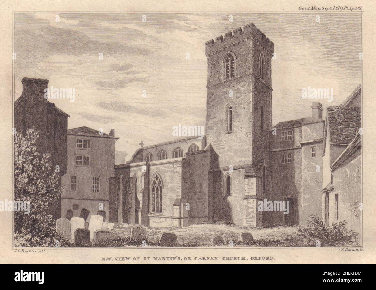 Nordwestansicht der St Martin's Church in Carfax, Oxford 1819 alte antike Drucke Stockfoto