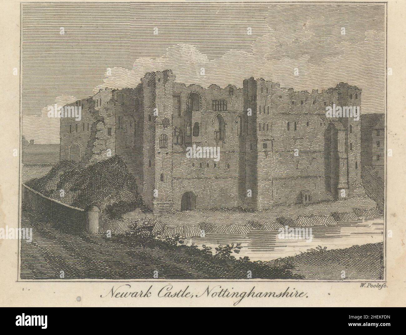 Blick auf das Newark Castle in Newark-on-Trent, Nottinghamshire. KLEINER 1798-Druck Stockfoto