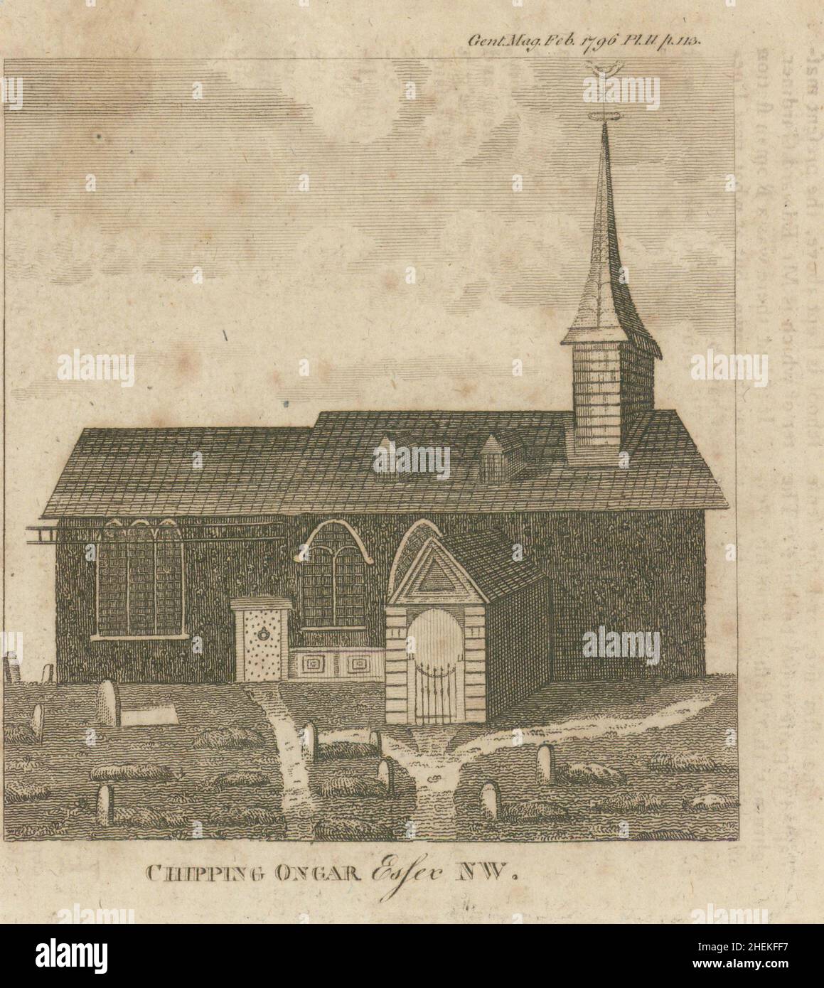 Blick auf St. Martin's Church, Chipping Ongar, Essex. KLEINER 1796 alter Druck Stockfoto