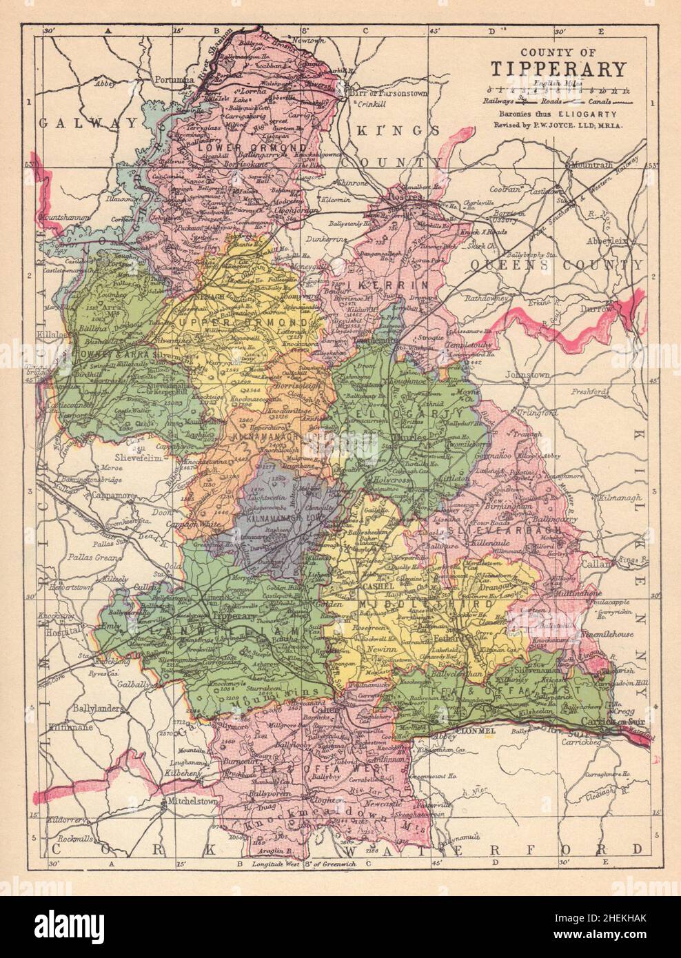GRAFSCHAFT TIPPERARY antike Landkarte. Munster. Irland. JOYCE 1905 alt Stockfoto