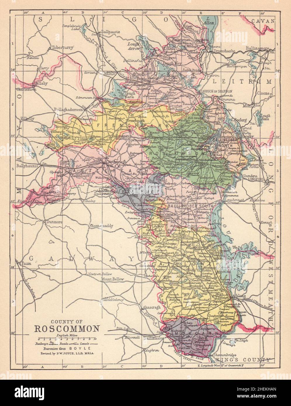 GRAFSCHAFT ROSCOMMON antike Landkarte. Connaught. Irland. JOYCE 1905 alt Stockfoto
