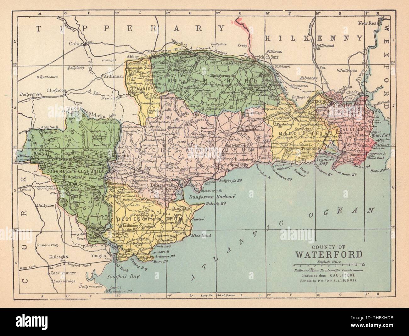 GRAFSCHAFT WATERFORD antike Landkarte. Munster. Irland. JOYCE 1905 alt Stockfoto