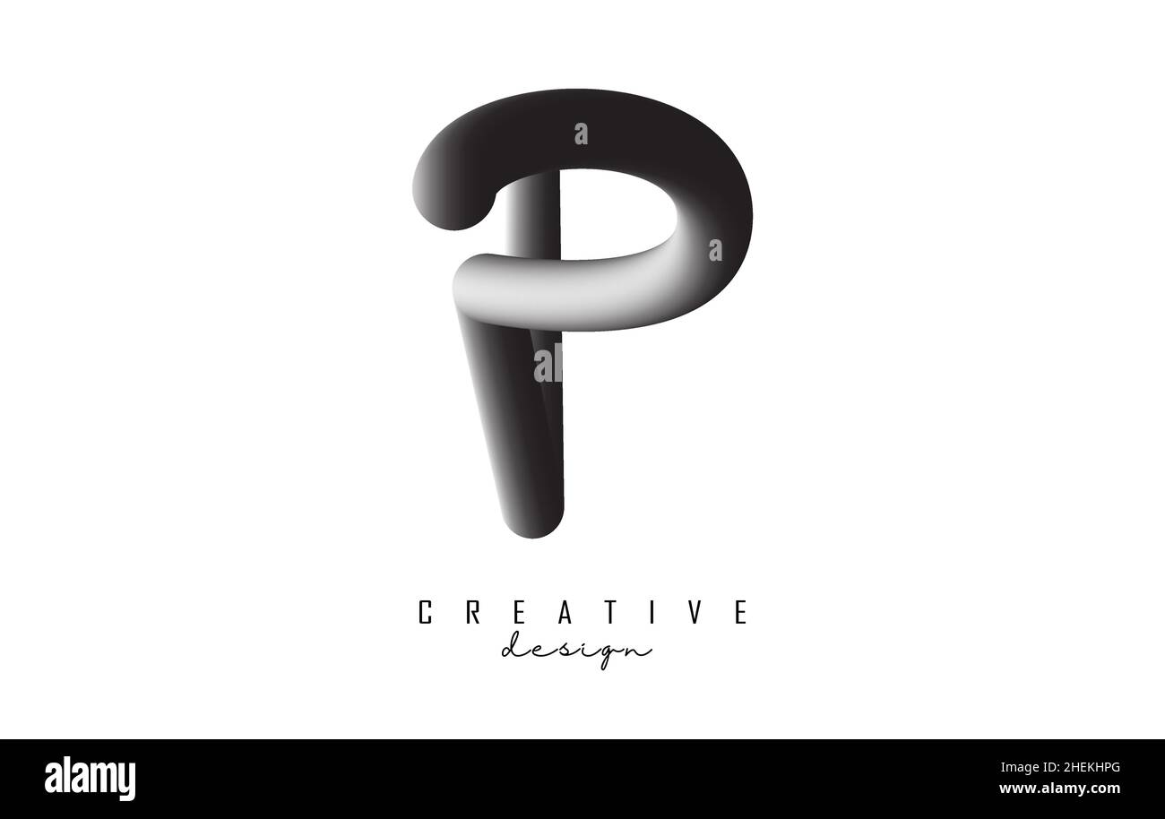 P-Logo mit grauem Gradient-3D-Effekt. Kreative Vektordarstellung mit verdrehter und verspielter Form. Stock Vektor