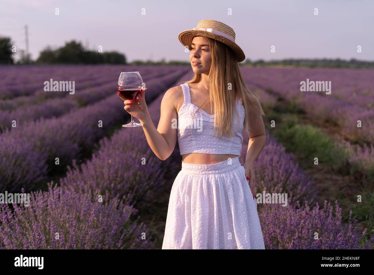 Schönes Mädchen mit einem Glas Rotwein in einem Lavendelfeld im Sommer provence. Alkohol in der Natur und Aromatherapie. Erholung und Entspannung im Freien. Stockfoto