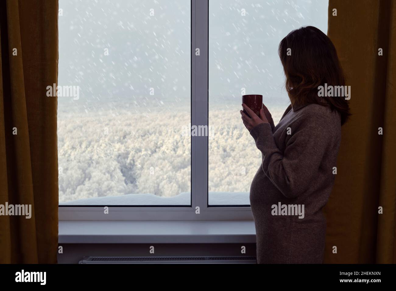 Die Schwangere steht an einem Winterfenster mit Bäumen im Schnee. Eine Frau mit einer Tasse Kaffee blickt hinter dem Glas mit Schneefall aus dem Fenster Stockfoto