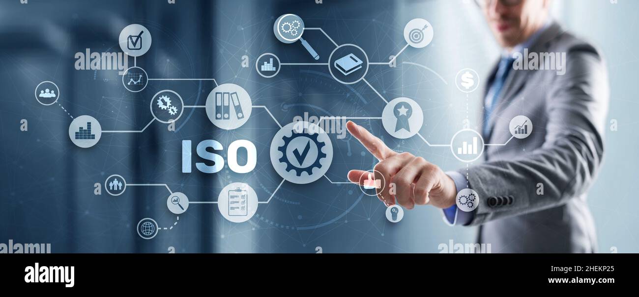 ISO-Zertifizierungskonzept Standard Qualitätskontrolle. Internationaler Informationssicherheitsstandard. Stockfoto