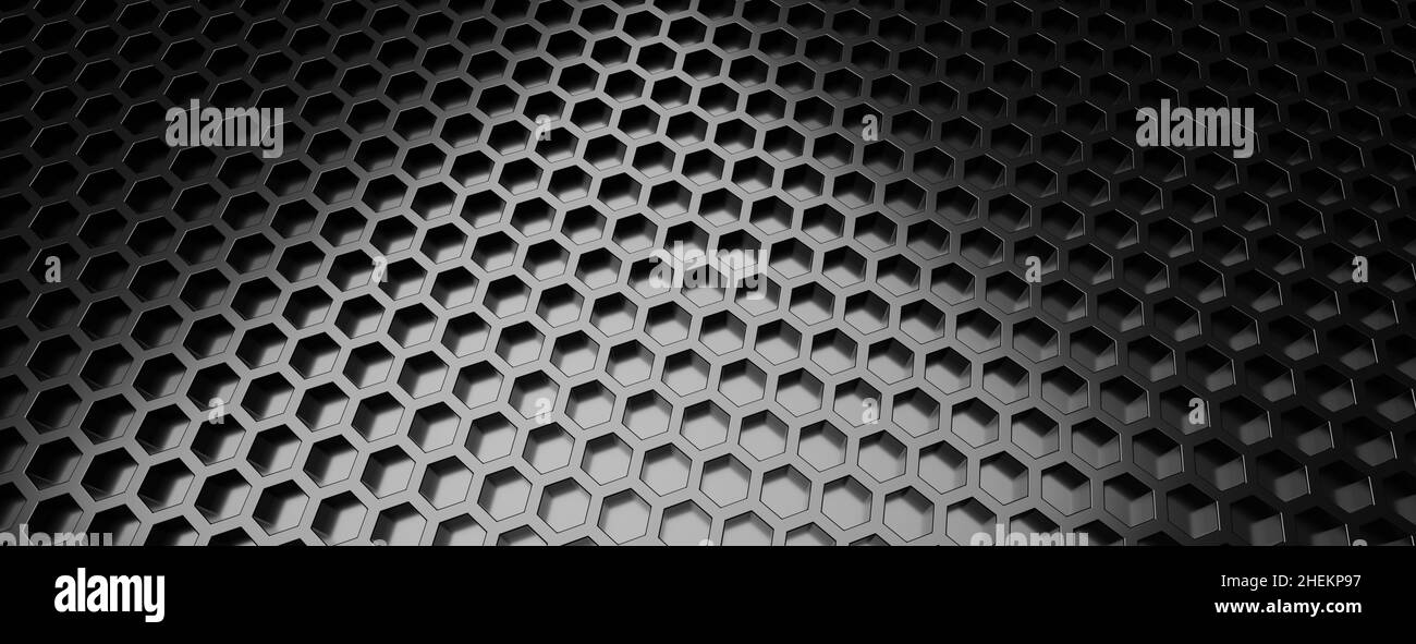 Hexagon-Muster, schwarzer Wabenhintergrund, hell. Geometrie- und Technologiehintergrund. 3D Abbildung Stockfoto