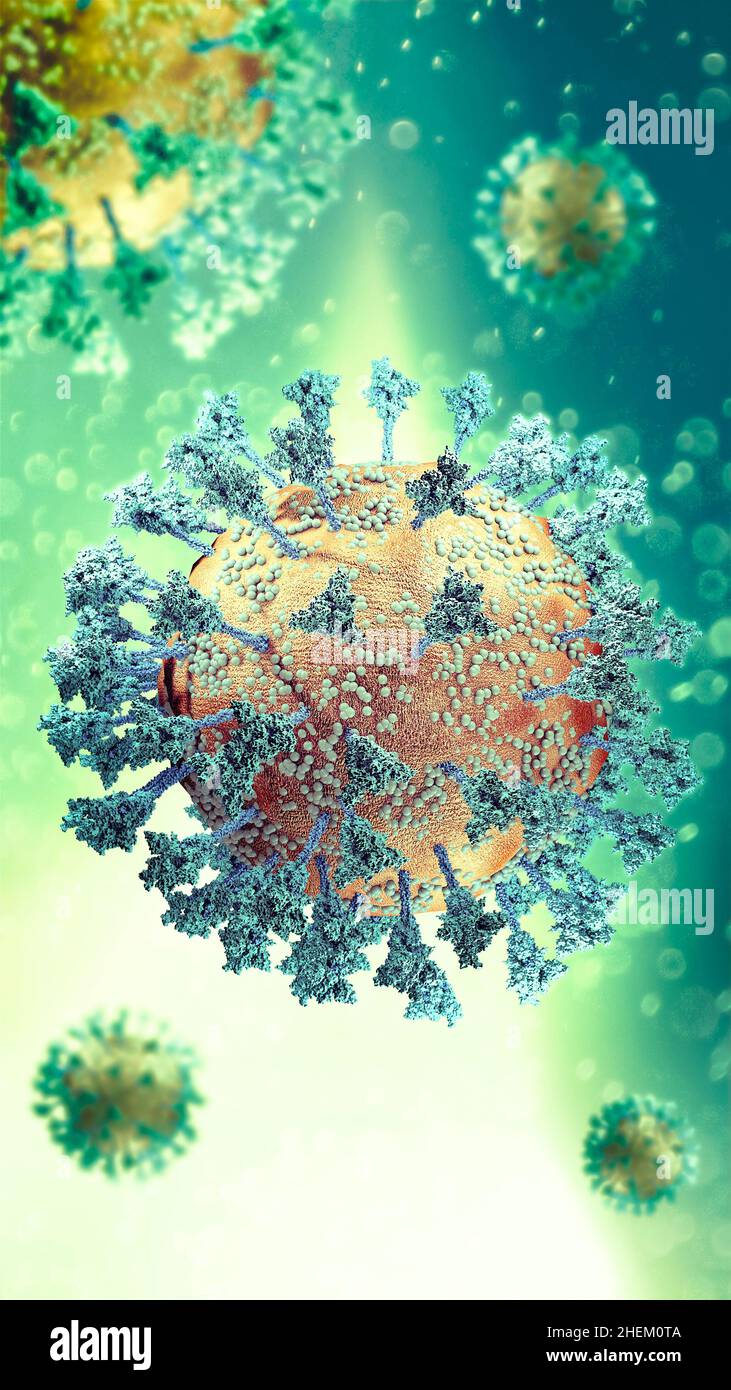 Virusvariante, Coronavirus, Spike-Protein. Omicron. Covid-19 unter dem Mikroskop gesehen. SARS-CoV-2, 3D-Rendering. Deltacron Stockfoto