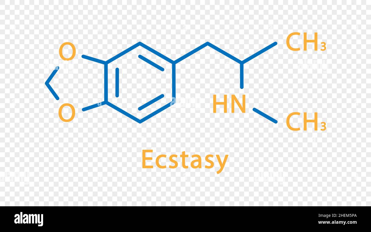 Chemische Formel für Ecstasy. Auf transparentem Hintergrund isolierte strukturelle chemische Formel für Ecstasy. Stock Vektor