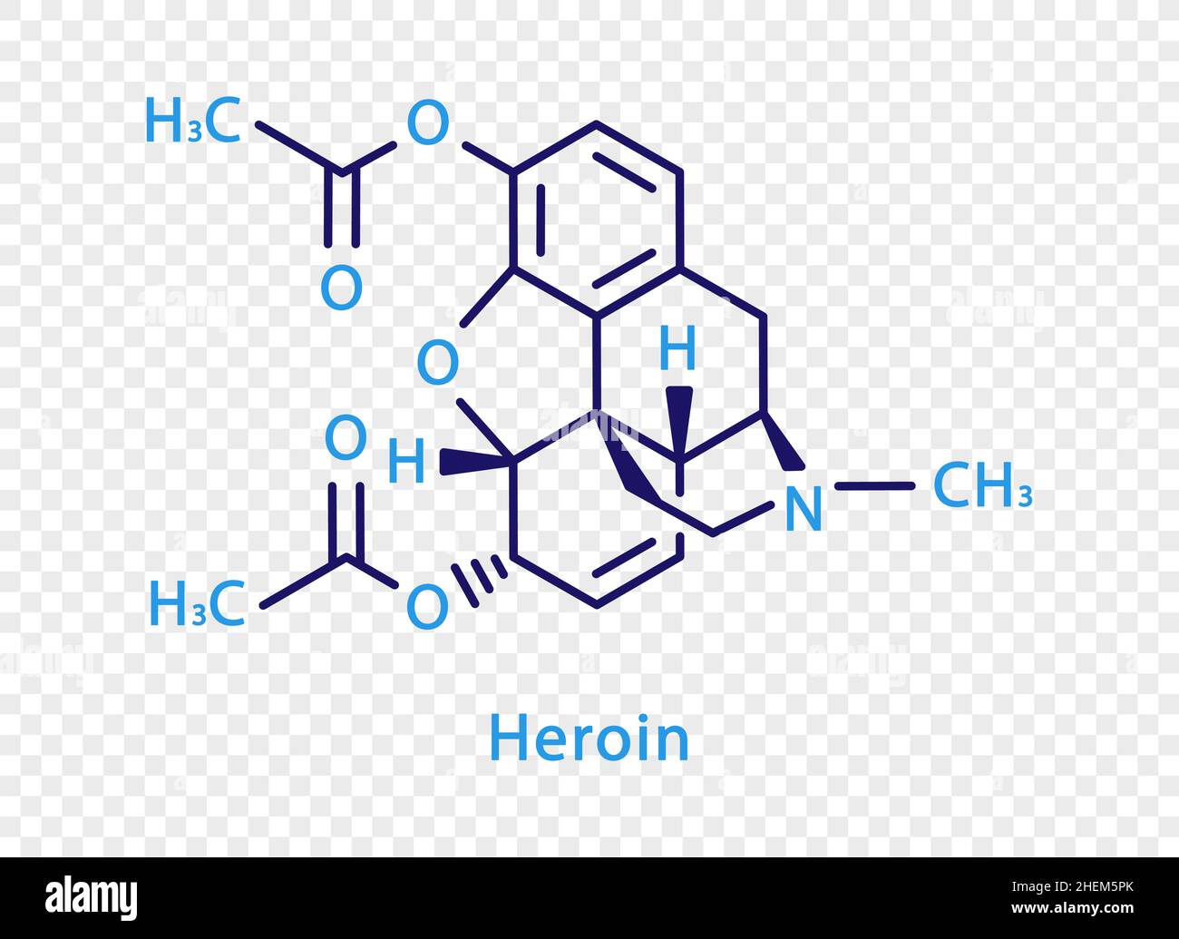 Chemische Formel für Heroin. Heroin strukturelle chemische Formel isoliert auf transparentem Hintergrund. Stock Vektor