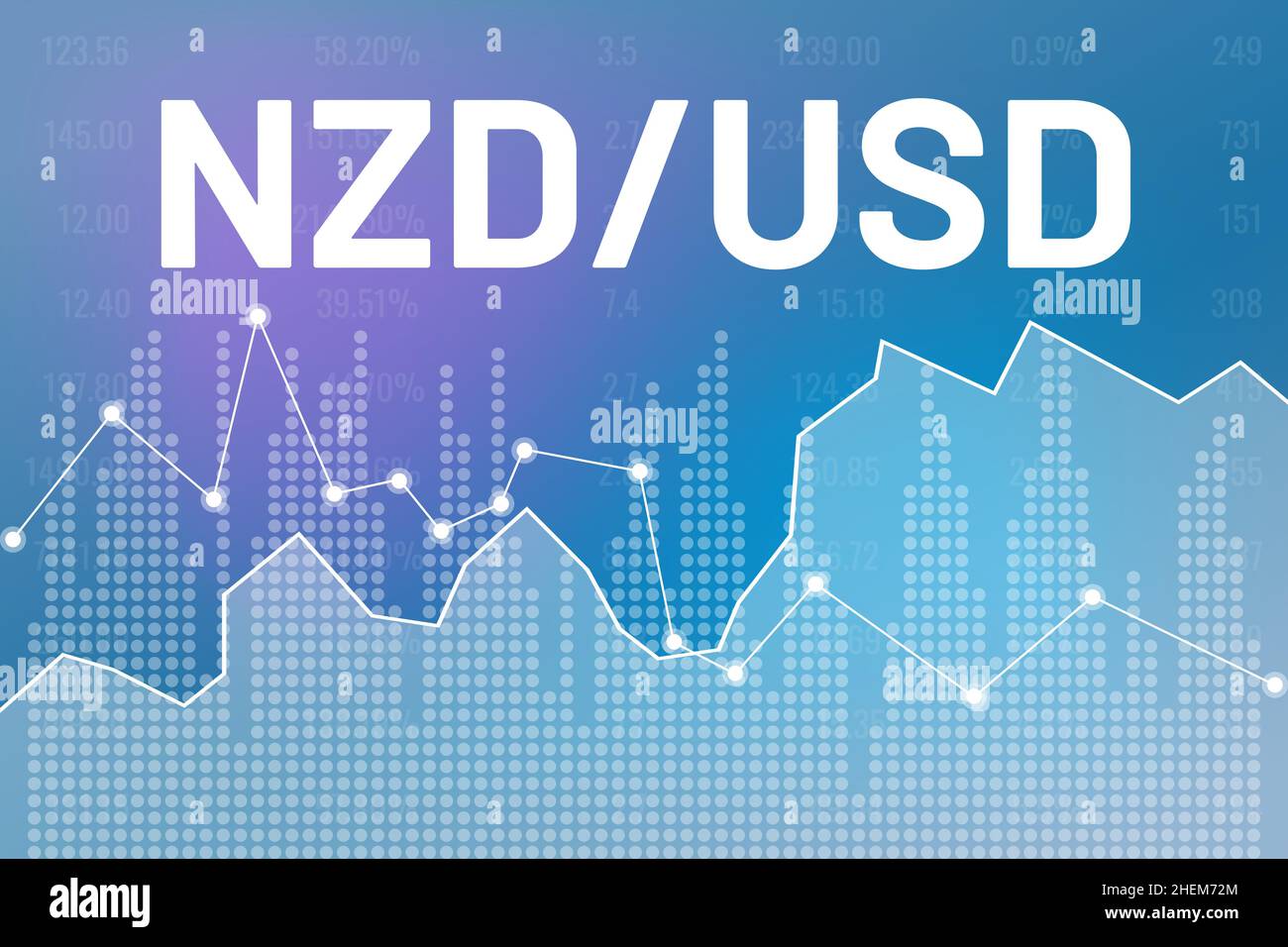 Grafik des Währungspaars NZD, USD auf blauem Finanzhintergrund aus Spalten, Zeilen, Zahlen. Finanzmarktkonzept Stock Vektor