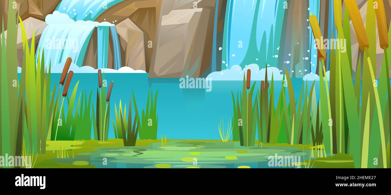 Sommerlandschaft mit Wasserfall zwischen Felsen. Kaskade schimmert nach unten. Schilf und Wasserpflanzen. Fließendes Wasser. Cooler Cartoon-Style. Vektor Stock Vektor