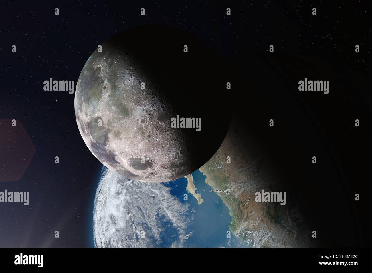 Blick auf den Mond und den Planeten Erde aus dem All. Der Mond im Vordergrund, der Planet Erde im Hintergrund. Elemente dieses Bildes werden von der NASA eingerichtet Stockfoto