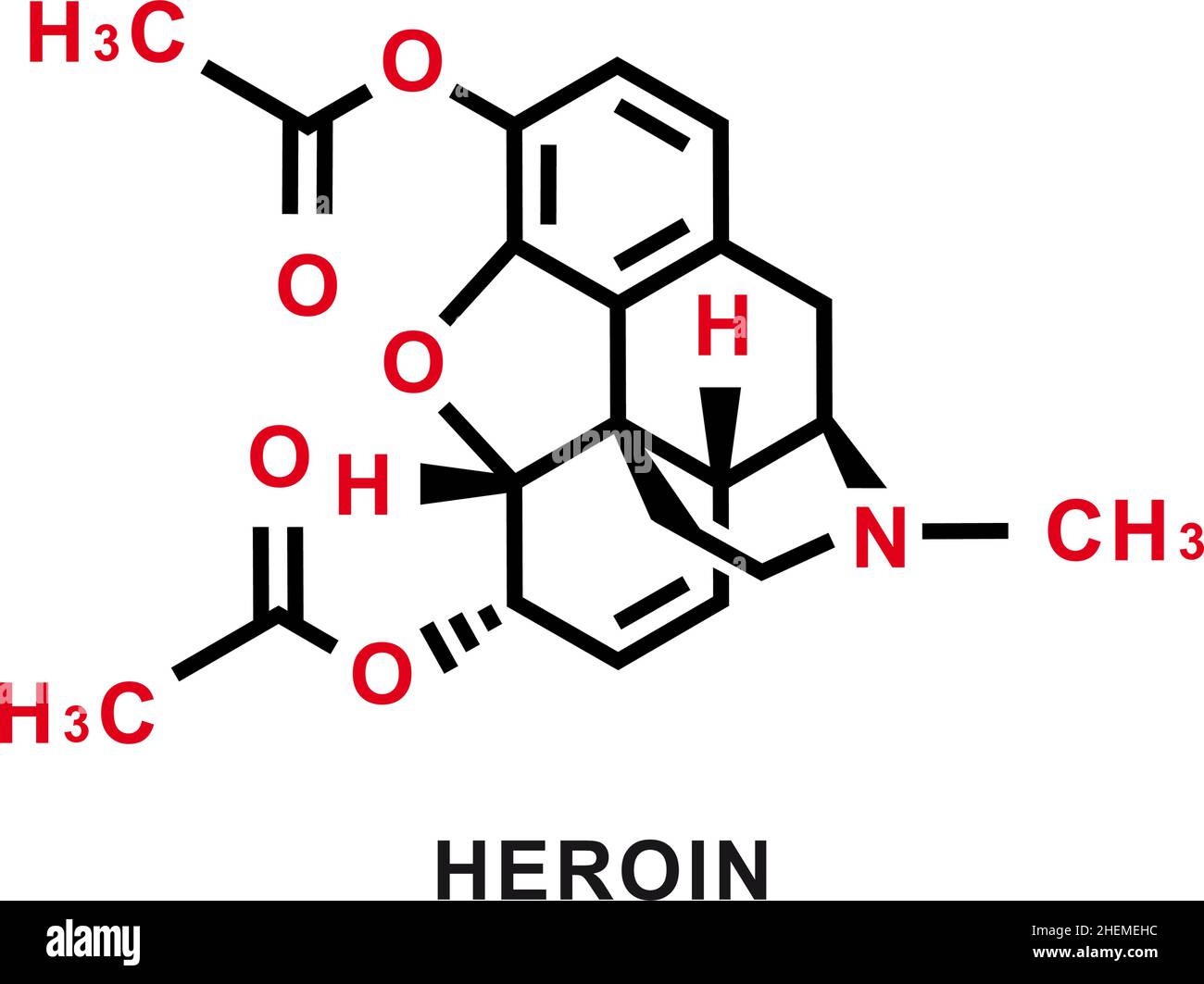 Chemische Formel für Heroin. Chemische molekulare Struktur von Heroin. Vektorgrafik Stock Vektor