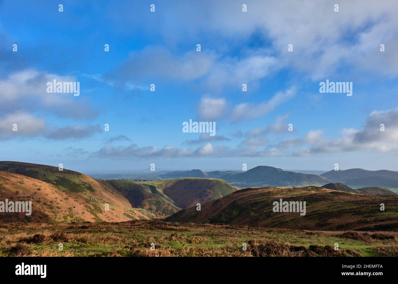 Bodbury Ring, Carding Mill Valley, Caer Caradoc, Hope Bowdler Hill, Lawley und Wrekin vom Burway auf dem Long Mynd aus gesehen, Church Stretton, Stockfoto