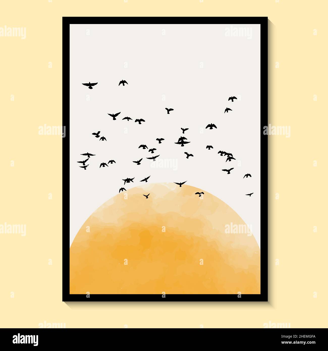 Abstrakte Natur und Vögel Sonnengelbe Kunst Aquarell Wandmalerei Poster und Drucke skandinavische Wandmalerei Vektor Art Print. Stock Vektor
